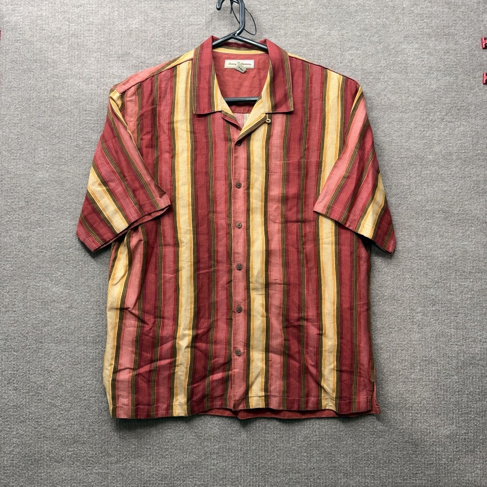 Tommy Bahama Shirt Mens XL Multicolor Stripe Linen Wooden Button Resort Casual
